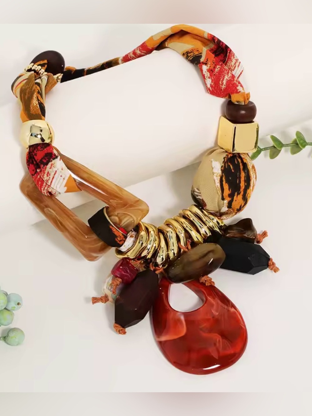 Statement Multicolor Resin & Fabric Pendant Necklace - Orange Accent - Picture 2 of 3